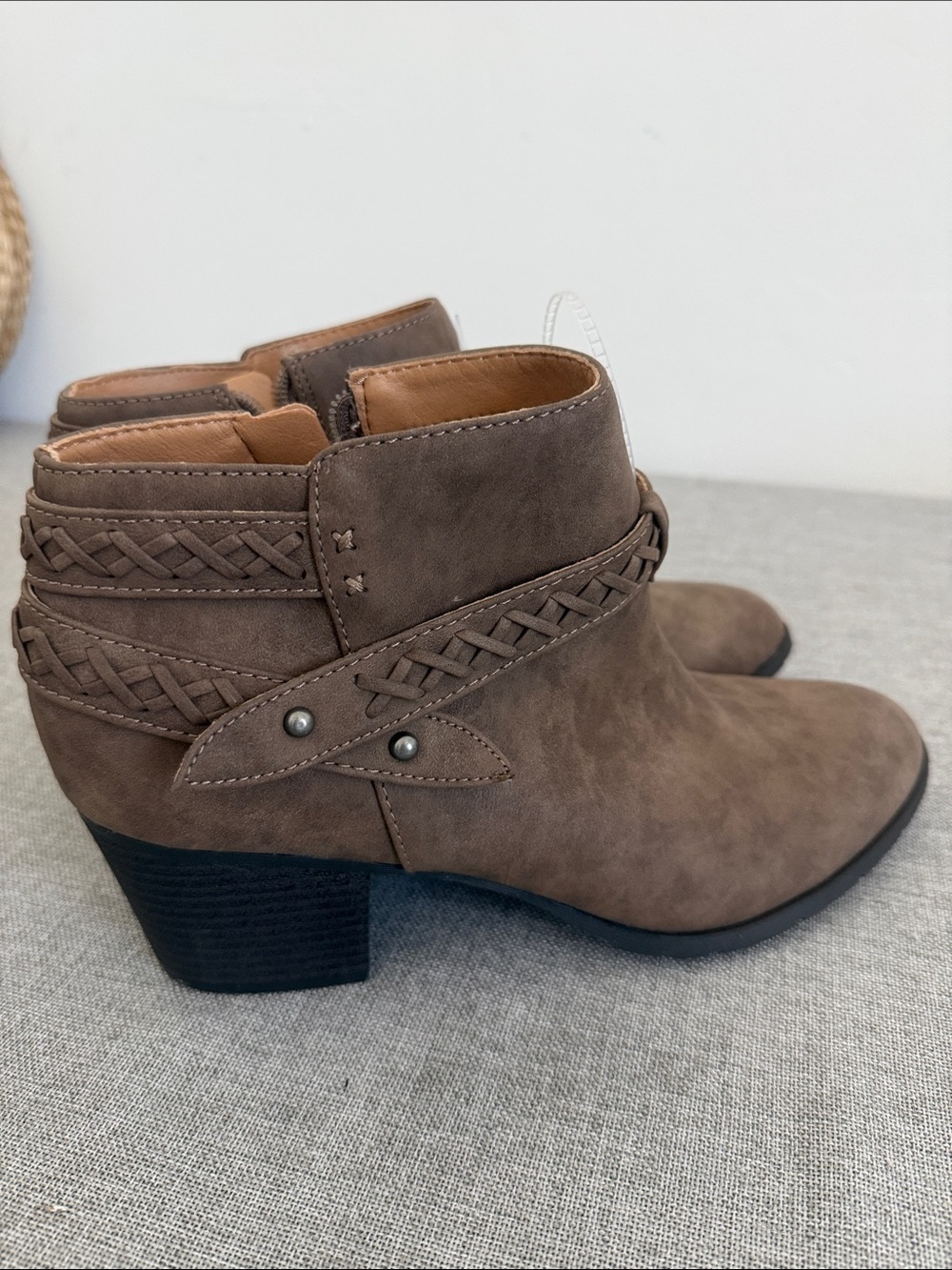 Indigo Brown Braided-Strap Ankle Booties